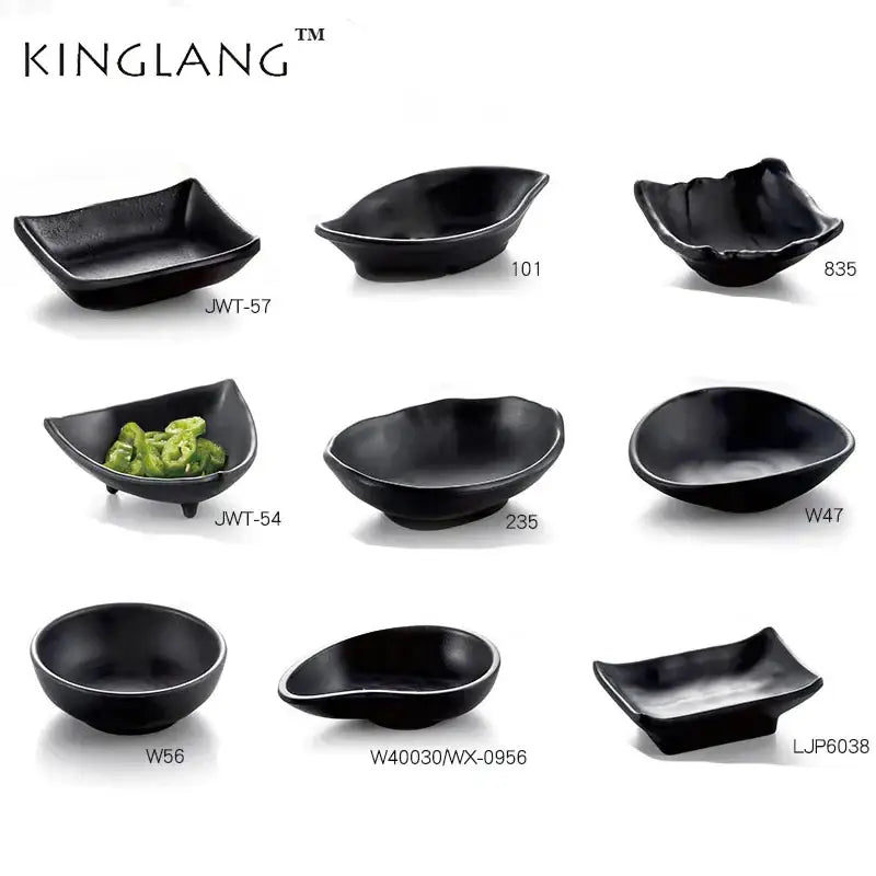 Modern asymmetrical black melamine plastic dipping sauce bowls by decorbites in various shapes and sizes for sushi or appetizers