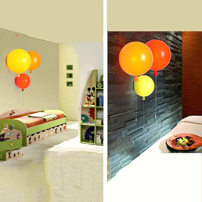 Modern balloon wall light featuring yellow orange and red balloons as decorative bedroom wall light fixtures