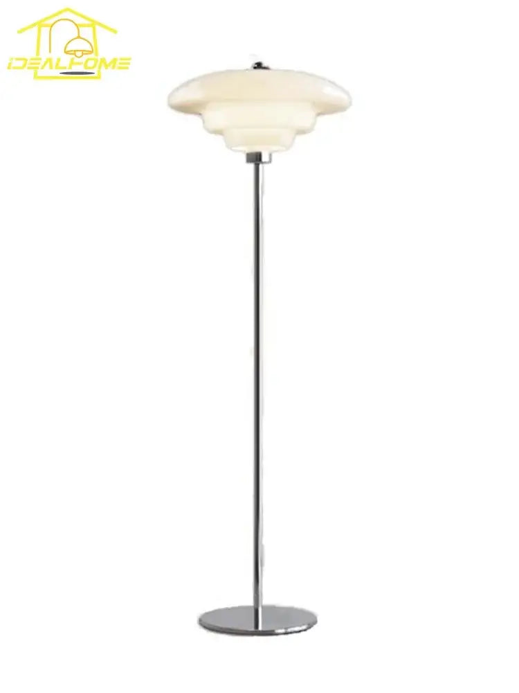 Modern bauhaus cream glass floor lamp with layered glass shade and chrome finish ideal for living room decorbites cream glass
