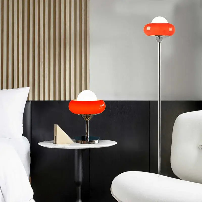 Vibrant orange and white mushroom-shaped modern bauhaus table lamp with yellow and white glass and chrome base by guzzini modern