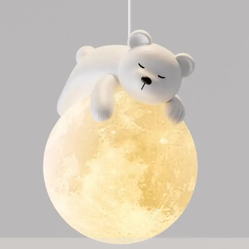 Modern white bear led pendant light featuring a cute polar bear shape and glowing textured moon base for bedroom use