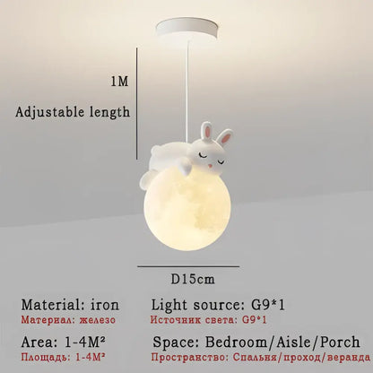 White rabbit-shaped pendant light with textured glowing moon base modern bear led pendant for bedroom use