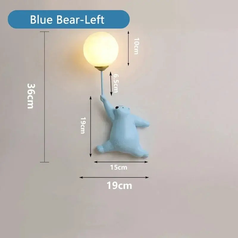 Light blue resin bear moon wall lamp with spherical frosted glass bulb for kids bedroom decor wall lamp