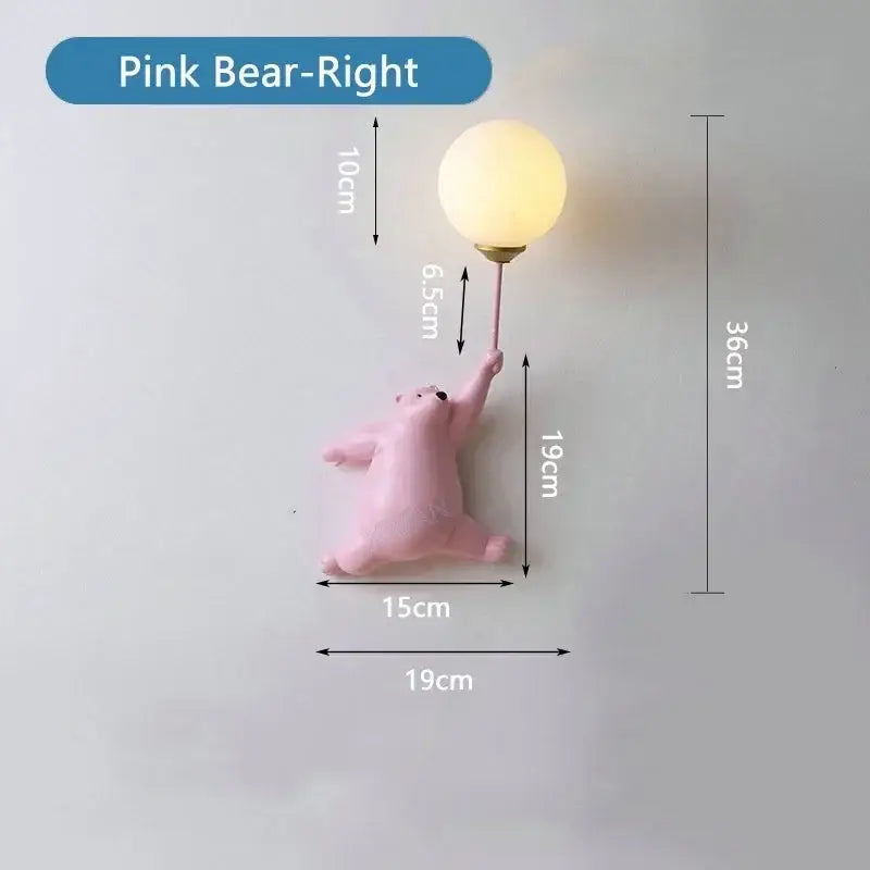 Modern pink bear moon wall lamp with round warm glass globe and slender stem for kids bedroom decor wall lamp