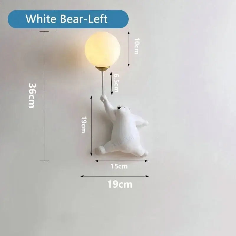Modern white bear moon wall lamp with warm-toned glass globe and metallic stem for kids bedroom wall lamp decor