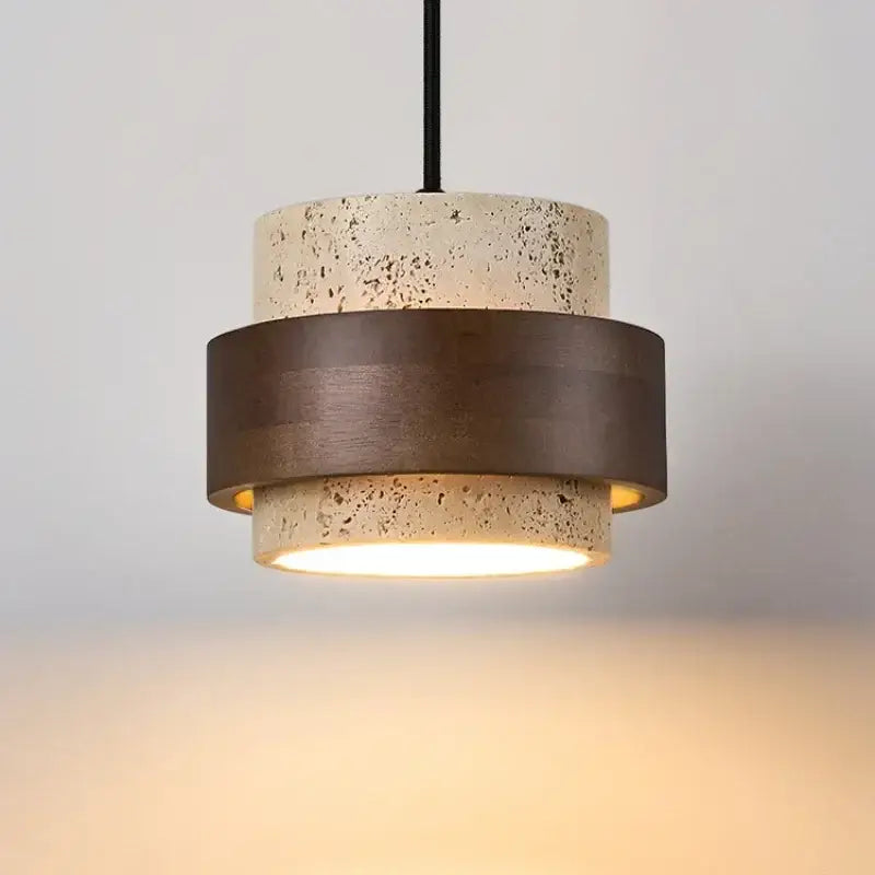 Modern beige and bronze pendant light with textured concrete and dark bronze ring for walnut wood finish dining room