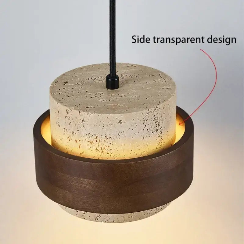 Modern beige and bronze pendant light with walnut wood finish and concrete side transparent design for dining room