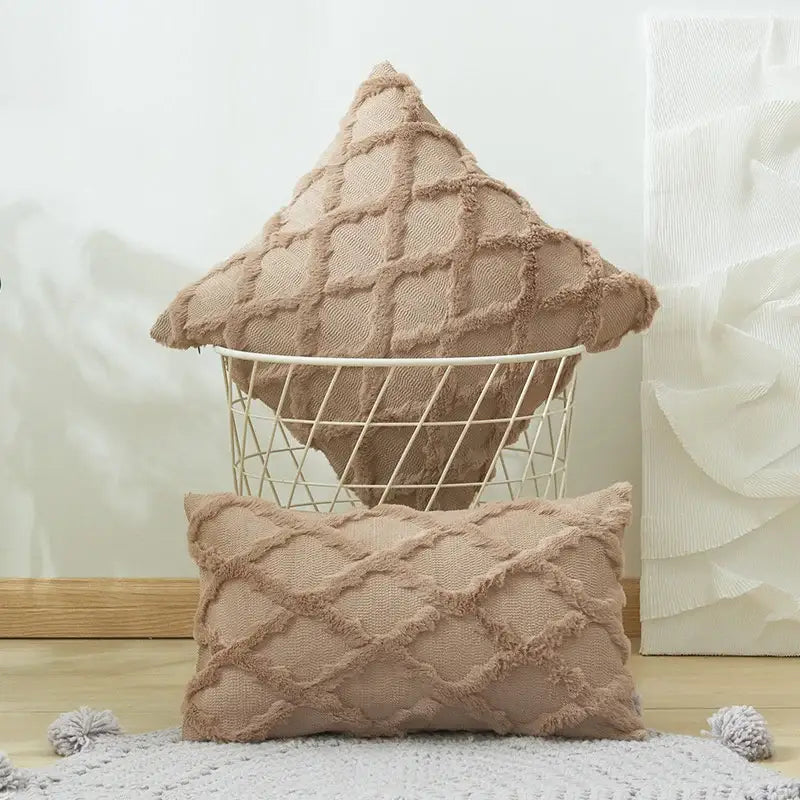Modern beige diamond solid embroidery cushion cover set with textured fabric and frayed edges for living room decor