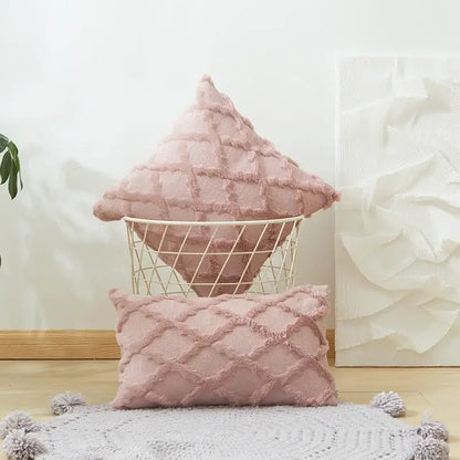 Soft pink cushion cover with diamond solid embroidery and fringed edges for modern living room decor