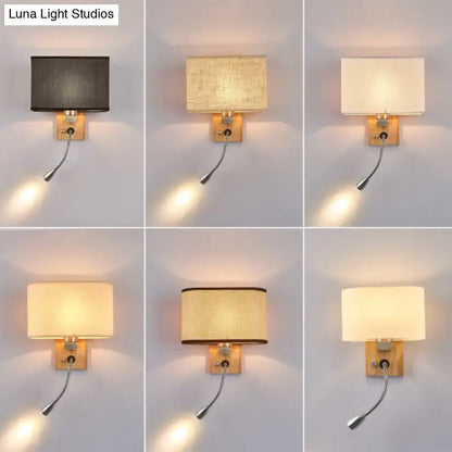 Modern beige fabric bedside reading lamp with wooden wall sconce and flexible gooseneck light 5 inch fixture
