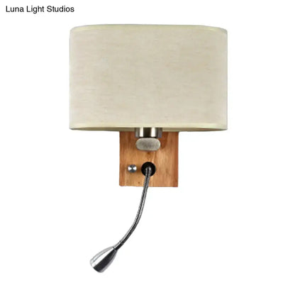 Modern beige fabric bedside reading lamp with flexible gooseneck mounted on wooden plate 5 inch fixture