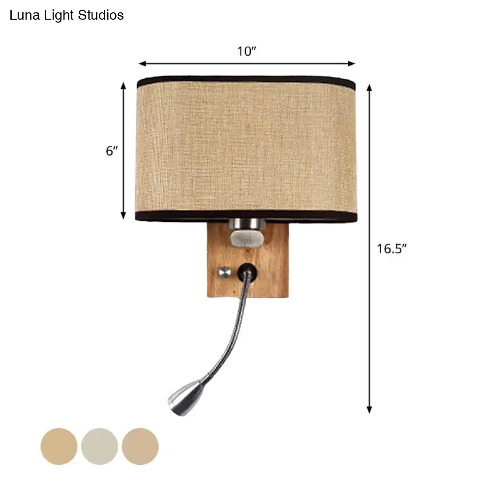 Modern beige fabric bedside reading lamp with linen-textured shade black trim and adjustable gooseneck 5 inch fixture