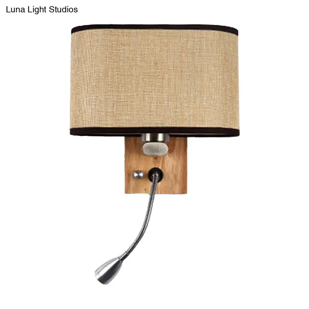 Beige linen-textured rectangular wall lamp with dark brown trim and flexible reading light 5 inch fixture for bedroom