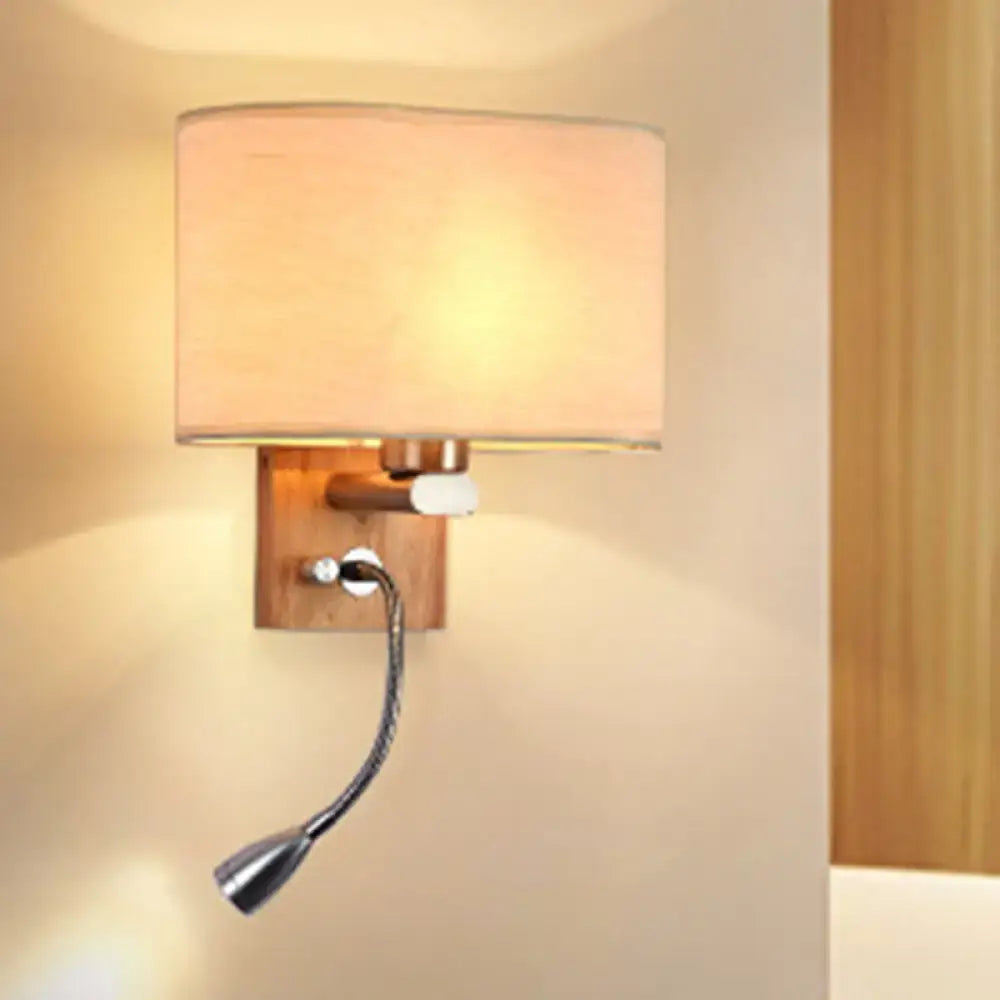 Modern beige fabric bedside reading lamp with warm beige fabric lampshade and adjustable metallic inch fixture
