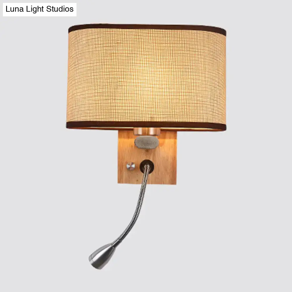 Modern beige fabric bedside reading lamp with a 5 inch fixture, woven shade, dark trim, wooden base, and adjustable gooseneck light