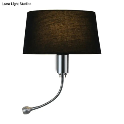 Modern beige fabric flush wall sconce with black fabric lampshade and chrome adjustable arm for bedroom reading light