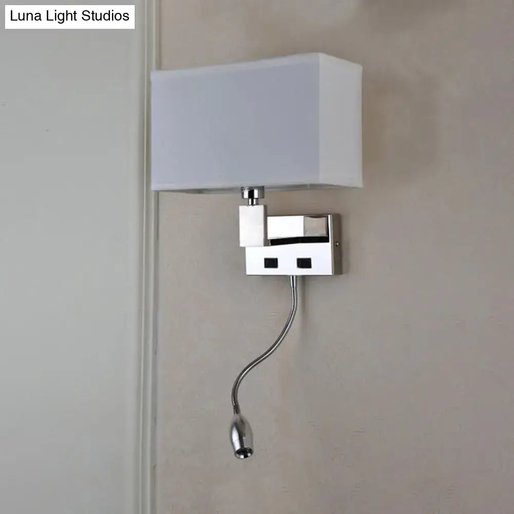 Modern beige fabric led wall sconce with white rectangular shade and chrome adjustable gooseneck spotlight for bedroom