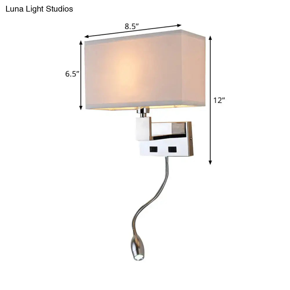 Modern beige fabric led wall sconce with chrome base and adjustable gooseneck spotlight for bedroom reading
