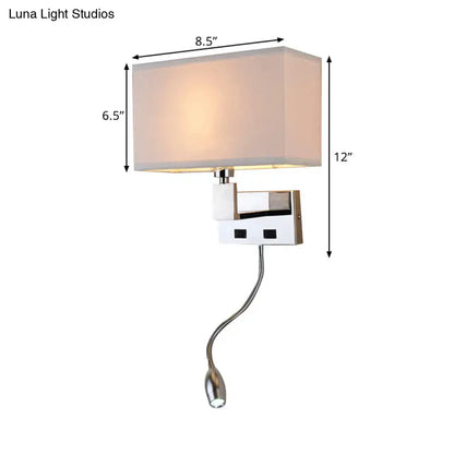 Modern beige fabric led wall sconce with chrome base and adjustable gooseneck spotlight for bedroom reading