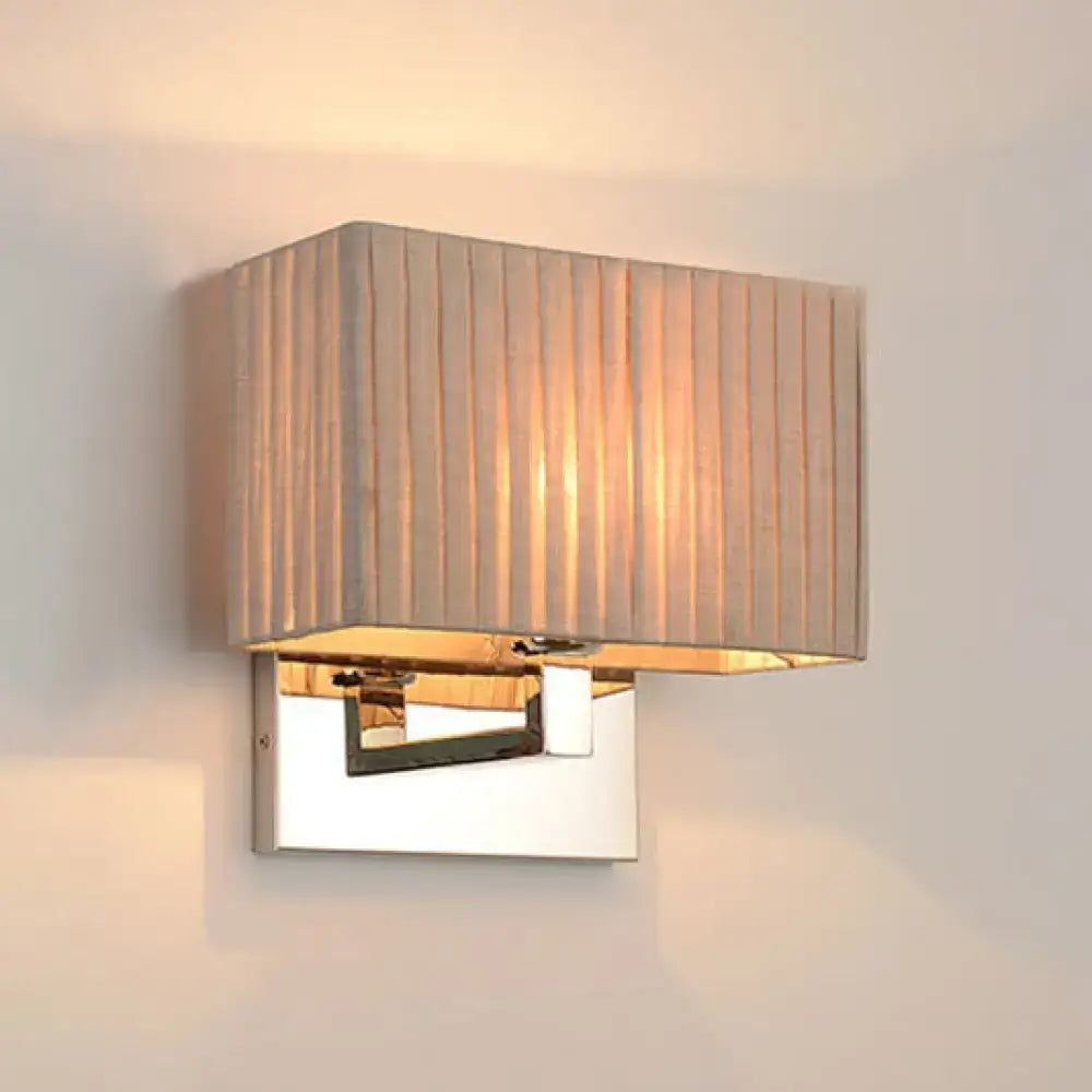 Modern beige fabric rectangle direct wired electric wall sconce with polished chrome base for bedroom lighting