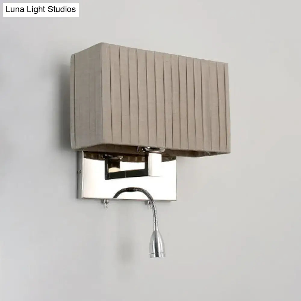 Chrome-finished modern beige fabric rectangle wired electric wall sconce with adjustable gooseneck direct wired light for bedroom