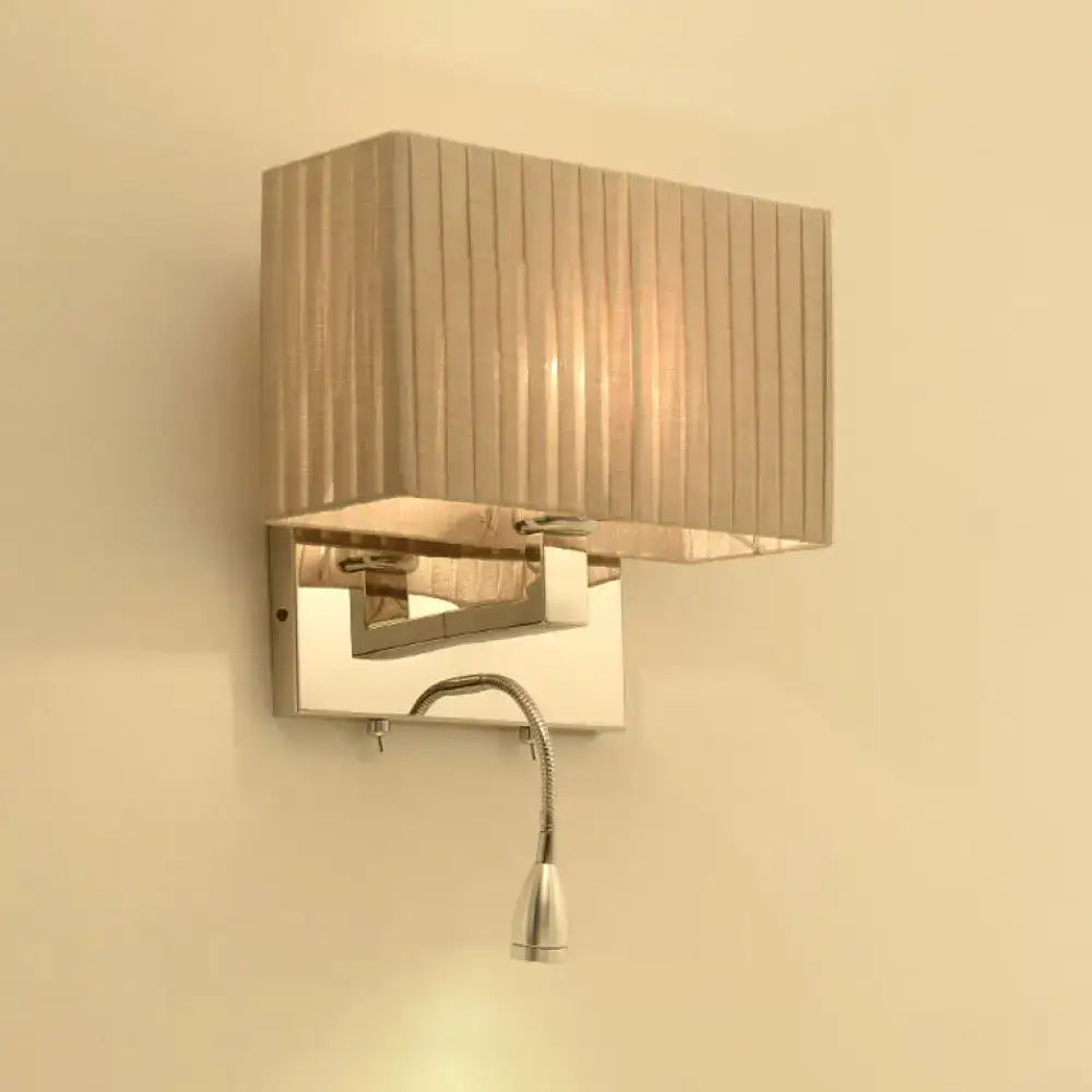 Modern beige fabric rectangle wired electric wall sconce with chrome frame and adjustable gooseneck direct wired light