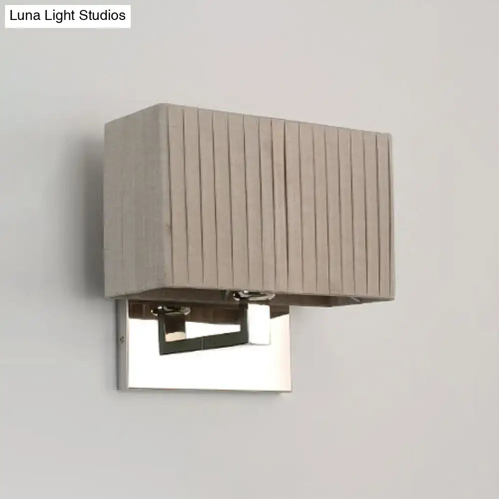 Modern beige fabric rectangle wired electric wall sconce with pleated shade and polished chrome base direct wired electric