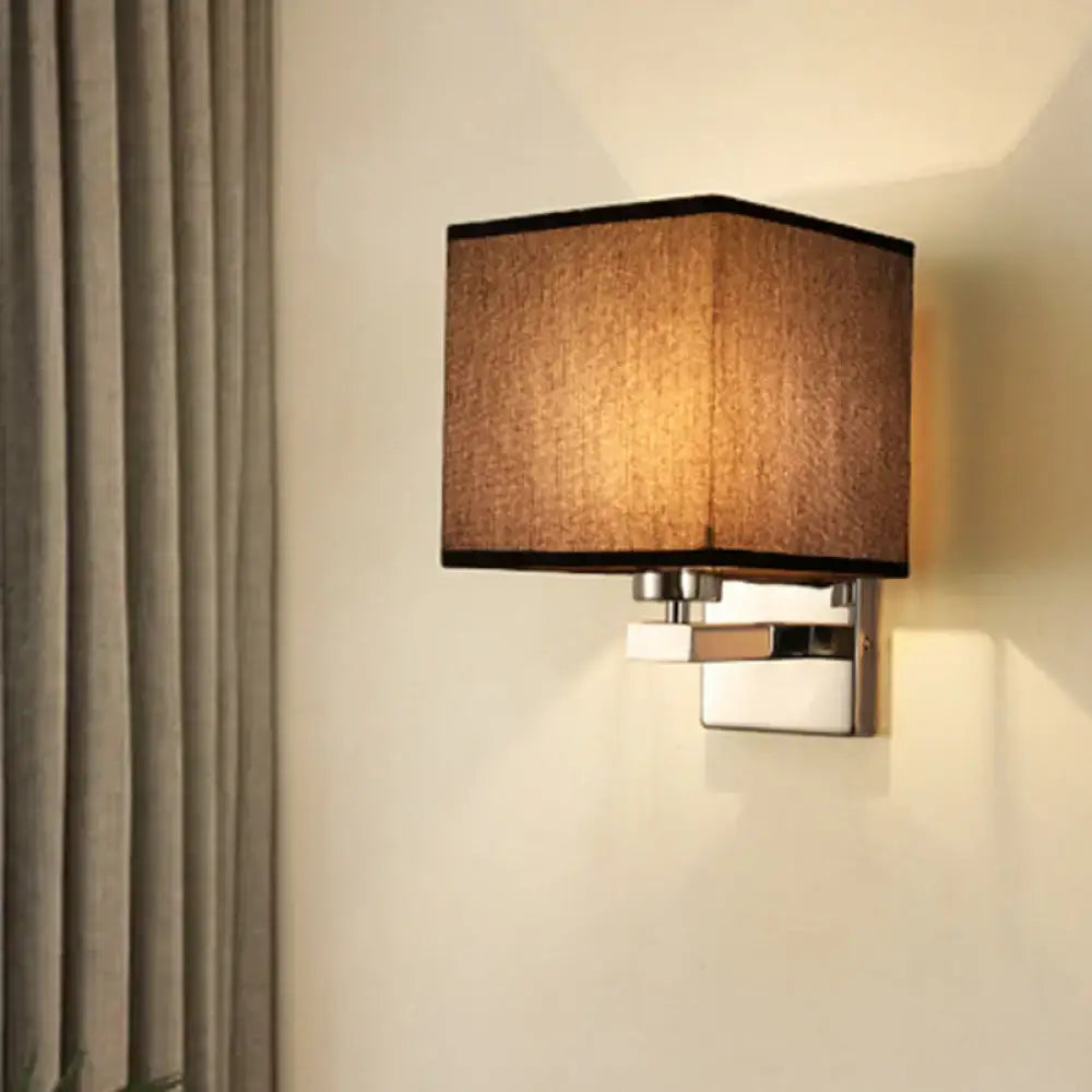 Modern wall light with square textured brown fabric shade and chrome base compatible with e26 e27 bulbs for bedroom use