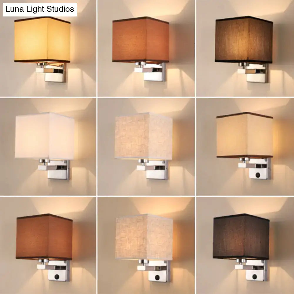 Square beige fabric shade wall light with sleek chrome metal base compatible with bedroom e26 e27 sconce bulbs