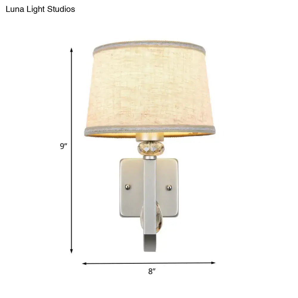 Modern beige fabric wall sconce with brushed nickel finish crystal accent direct wired electric e26 e27 bulb compatible