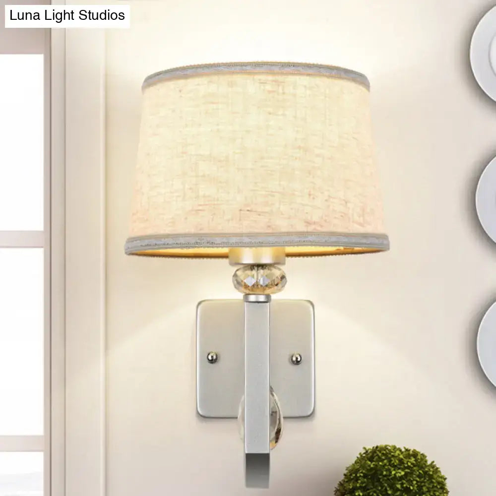Modern beige fabric wall sconce with crystal accent and polished chrome trim for direct wired electric e26 e27 bulb use