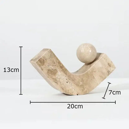 Beige marble modern geometric stone sculpture with curved abstract form and smooth sphere for desk decoration decorbites geometric stone