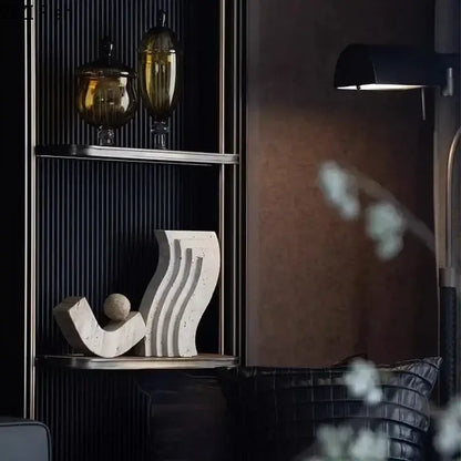 Abstract white geometric stone sculpture with flowing curves and spherical element for desk decoration by decorbites