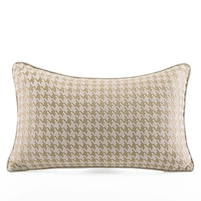 Modern beige and gold houndstooth jacquard lumbar pillow with beige gold houndstooth pattern and fabric border for decorbites beige gold decor