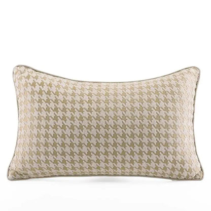 Modern beige and gold houndstooth jacquard lumbar pillow with beige gold houndstooth pattern and fabric border for decorbites beige gold decor