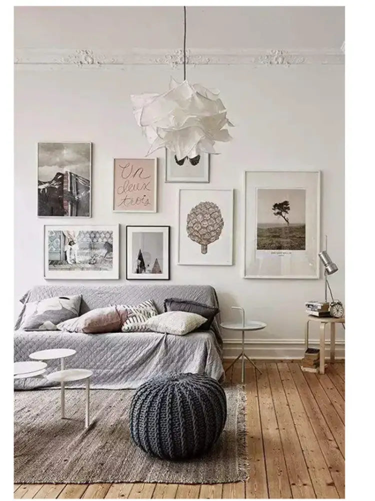 Modern beige and gray nordic paper pendant light with layered fabric petals hanging from a thin cord for living room decorbites nordic paper