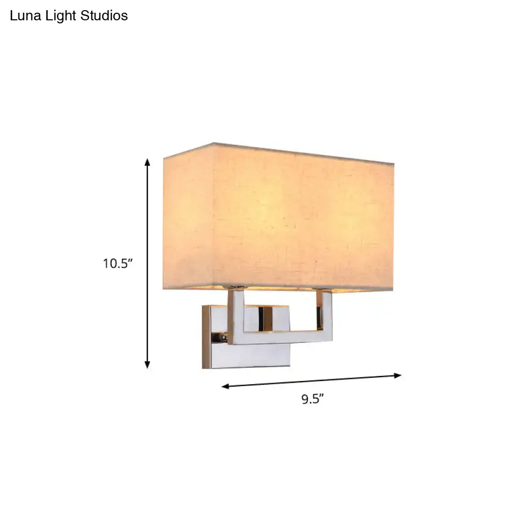 Modern beige rectangular wall sconce with fabric shade and chrome frame suitable for 110v-120v or 220v-240v use