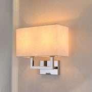 Modern beige rectangular wall sconce with linen shade and polished chrome frame suitable for 110v-120v use