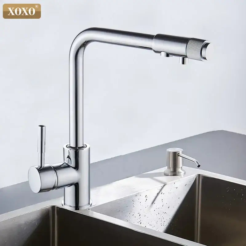 Modern beige speckled decorbites xoxo kitchen faucet with chrome accents and pull-down spout for water purification