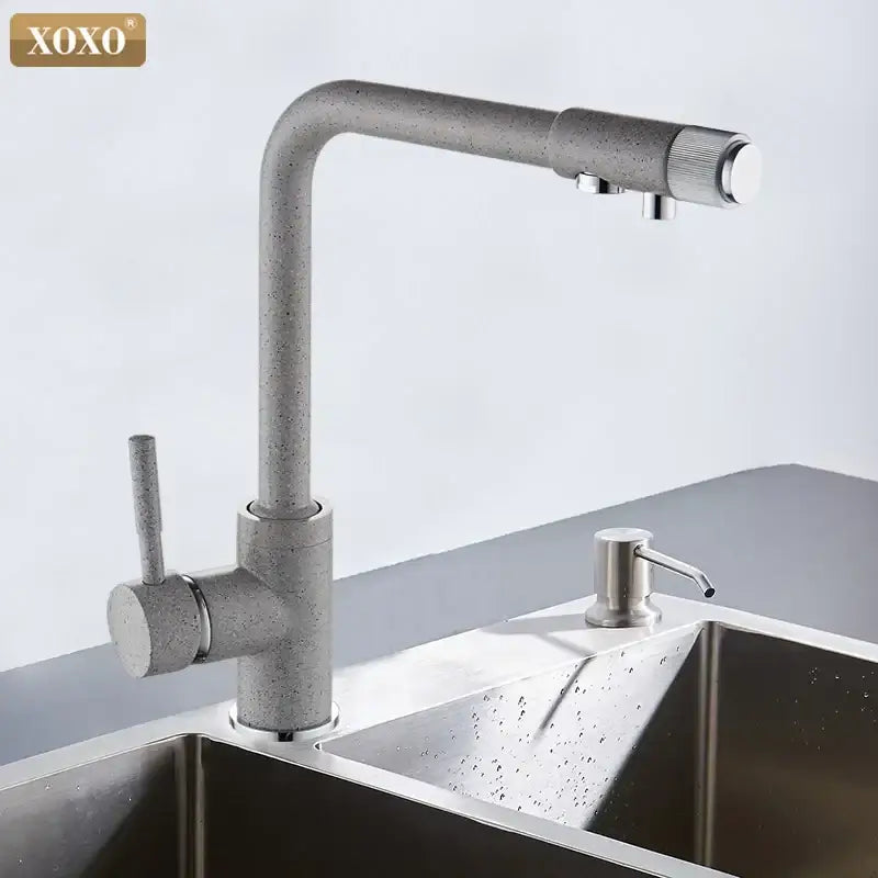 Modern beige speckled Decorbites xoxo kitchen faucet with chrome accents and brushed metal for kitchen water purifier use