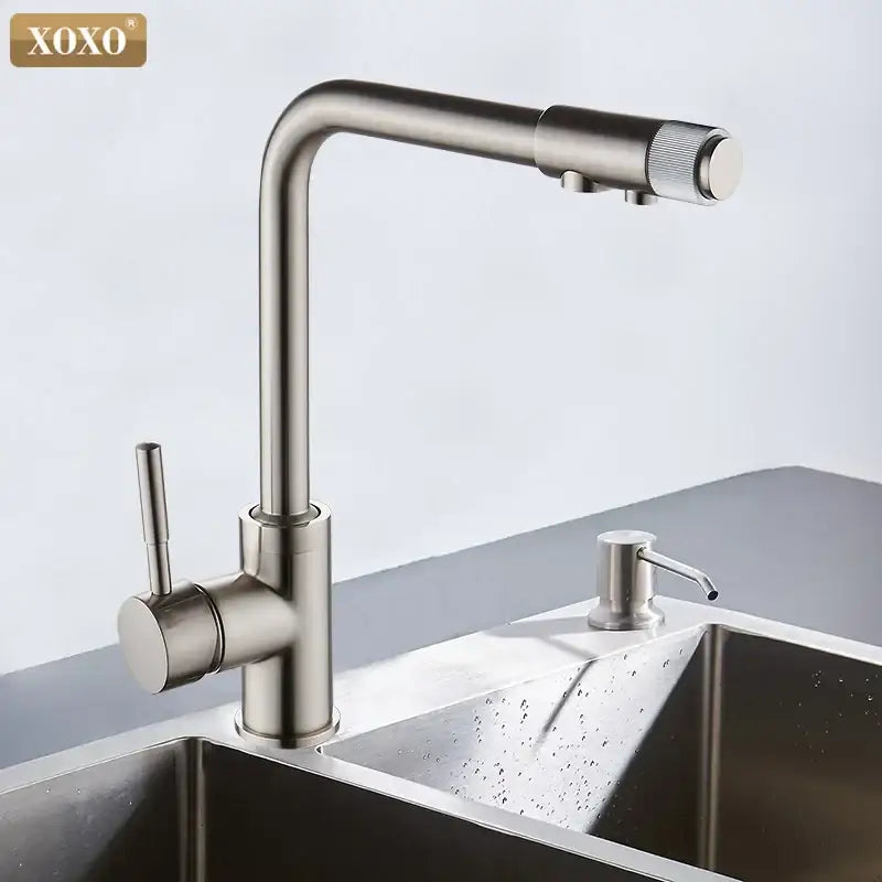 Modern beige speckled decorbites xoxo kitchen faucet with stainless steel pull-down spout and chrome accents for water purification