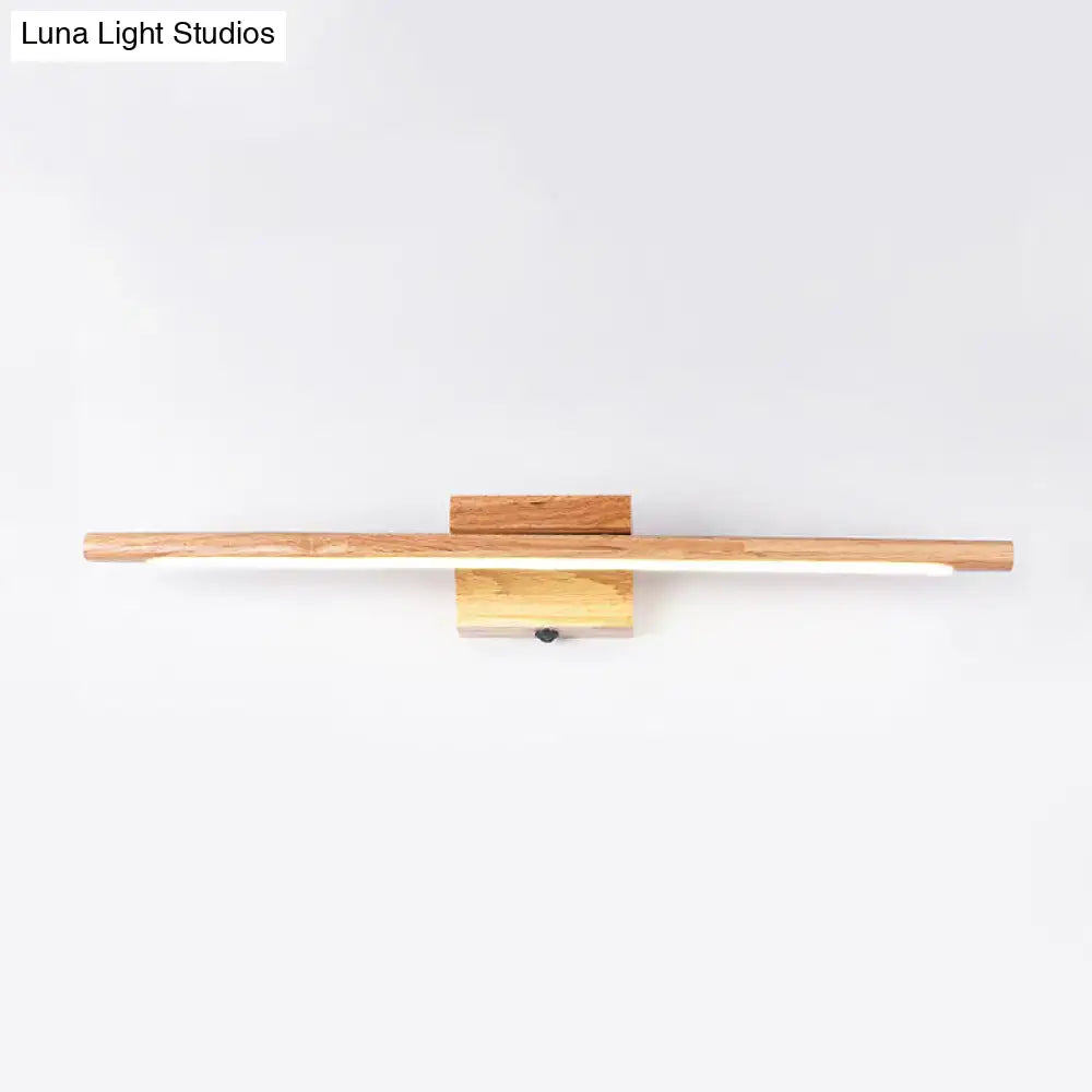 Modern beige stick shaped led vanity sconce with sleek wooden design and natural wood finish for bedroom wall light