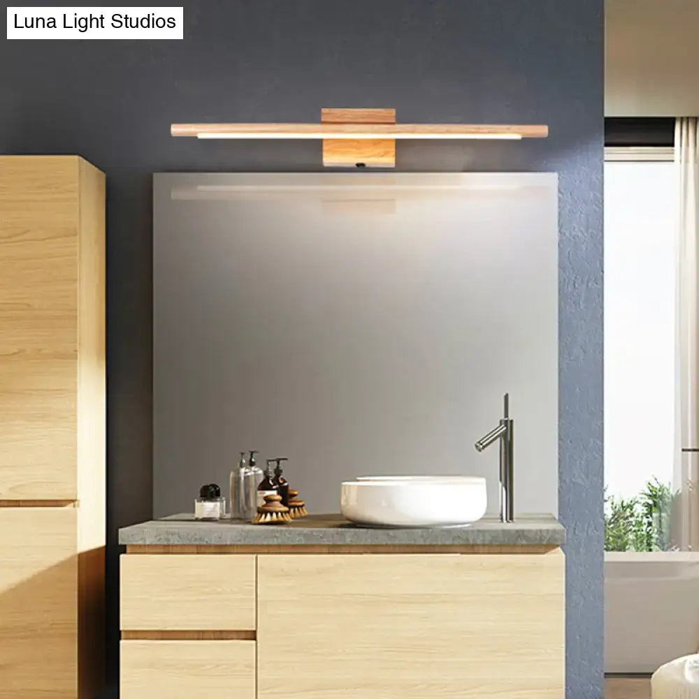 Modern beige stick shaped led vanity sconce with wooden warm finish and minimalist design for bedroom wall light