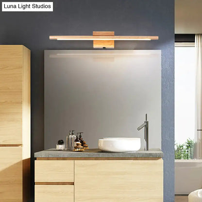 Modern beige stick shaped led vanity sconce with wooden warm finish and minimalist design for bedroom wall light