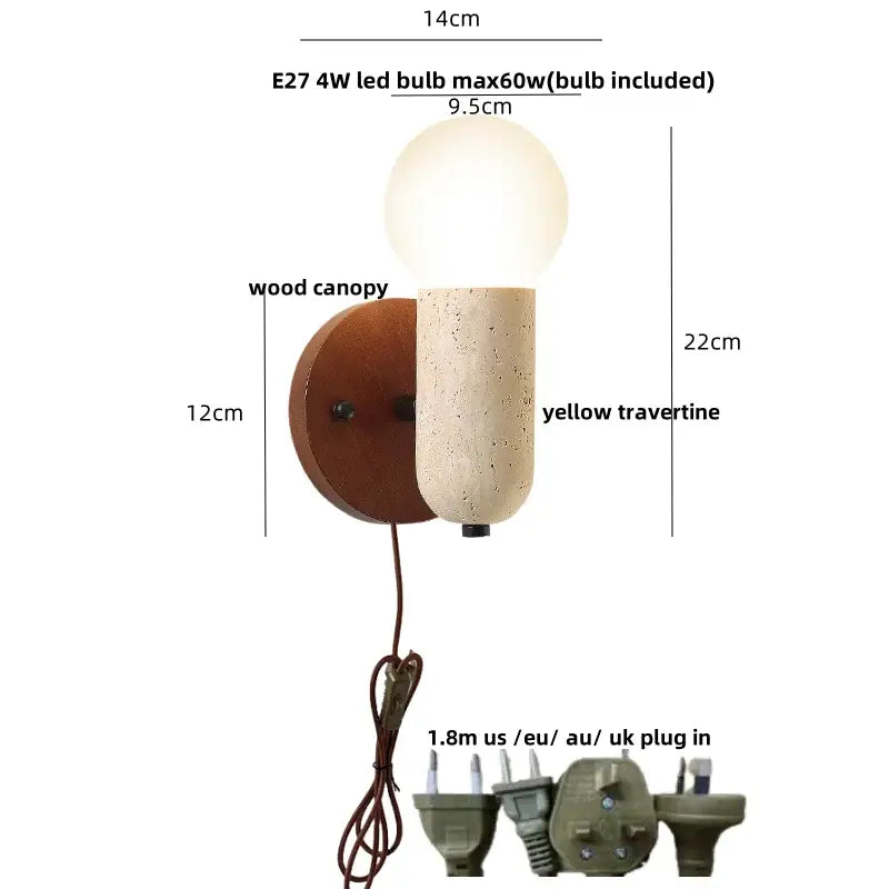 Modern beige stone and bronze wall light fixture featuring a warm wood canopy and textured yellow travertine body with LED bulb