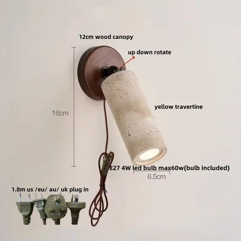 Modern beige stone and bronze wall light fixture with a 12cm wood canopy and yellow travertine shade, up-down rotating