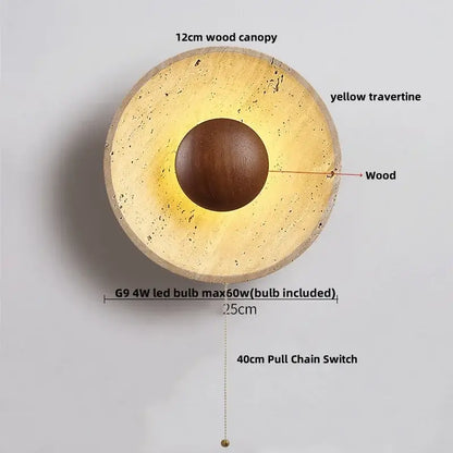 Modern beige stone led wall light with yellow travertine body, 12cm wood canopy, and dark brown wooden sphere decorbites led wall