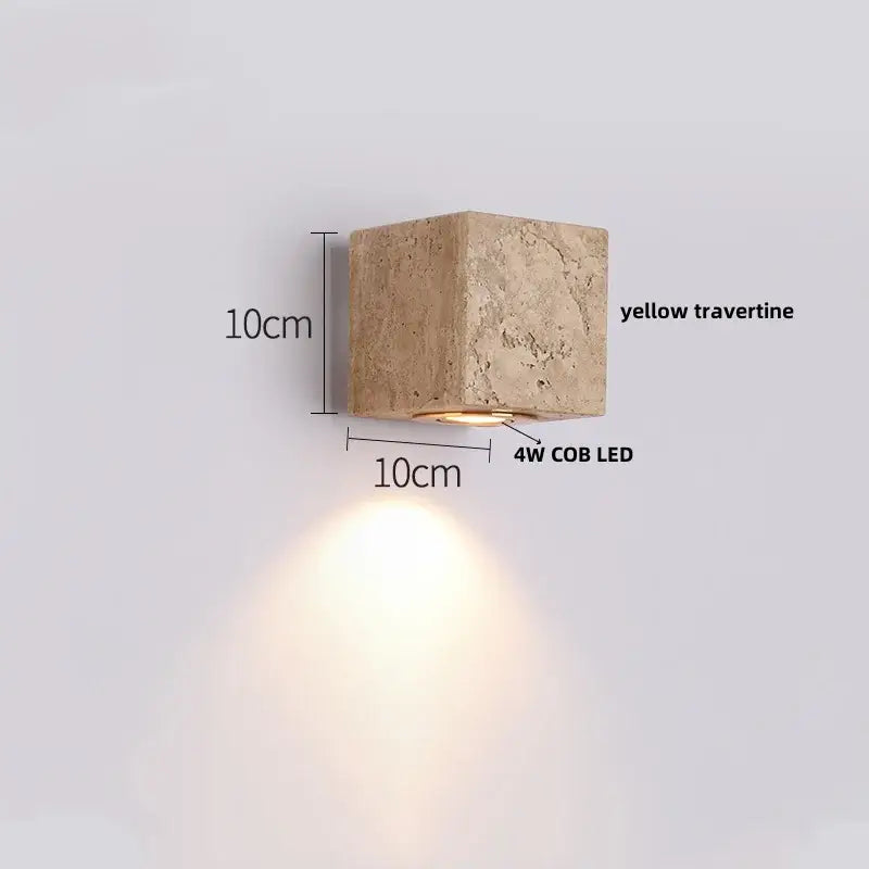 Modern beige stone led wall light bedroom fixture featuring a yellow travertine square wall light with 4w cob led bulb