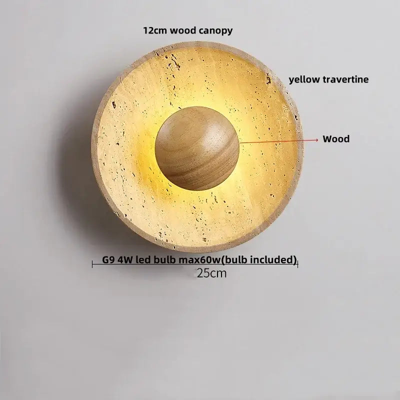Modern beige stone led wall light with yellow travertine shell and natural wood canopy for bedroom decorbites led wall use