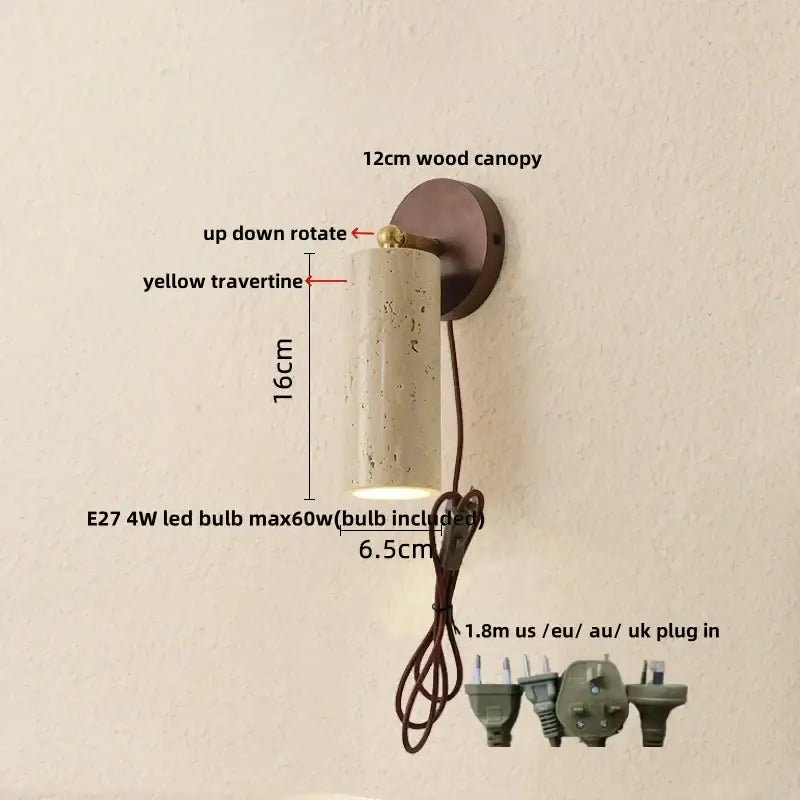 Modern beige travertine copper led wall lamp with textured yellow body and brass mount by decorbites for bedroom decor